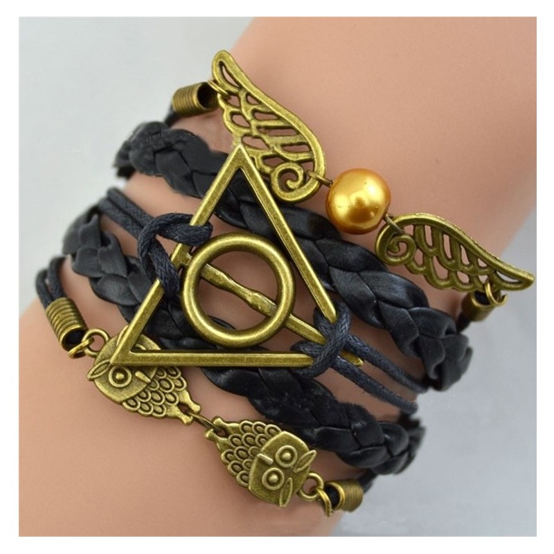 Harry Potter Bracelet  reliques de la mort en cuir noir