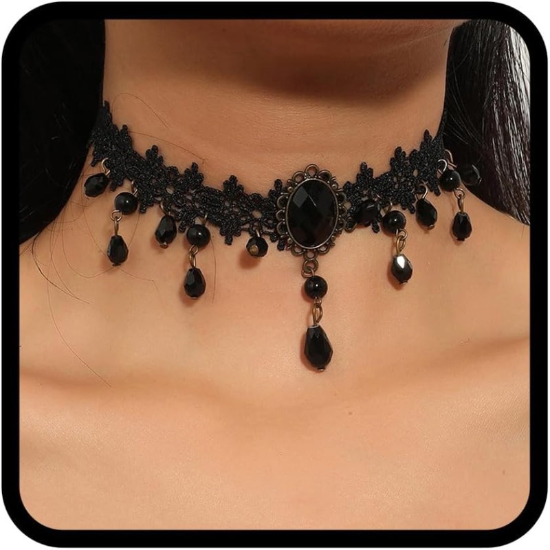 Choker noir dentelle et perle